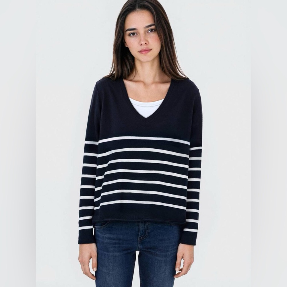 Navy and White Striped V-Neck Sweater